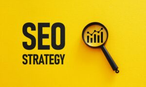 Yellow background with "SEO STRATEGY" in black font and a hand-held microscope showing an image of a graph