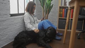 Female veterinarian reading a veterinary practice newsletter on her cell phone while sitting on the floor of her office with a large dog