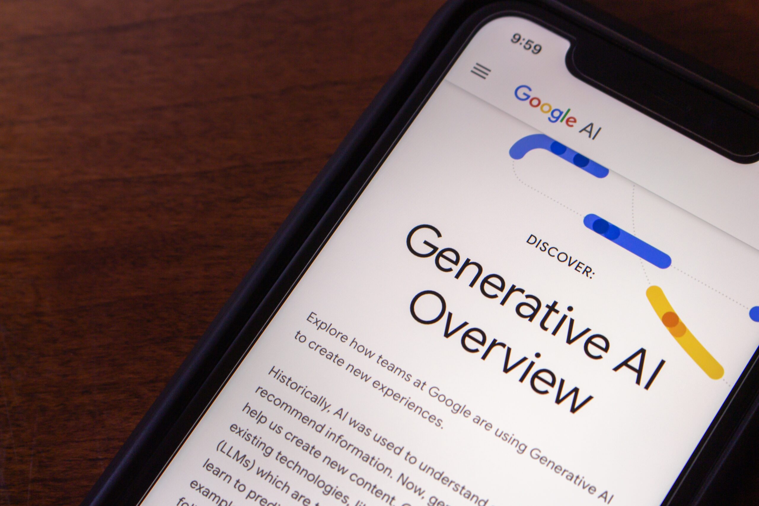 Cell phone screen with the words "generative AI overview," followed by additional smaller text