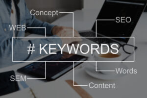 Box with "#KEYWORDS" inside, surrounded by other words related to SEO keywords