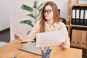 Young woman holding and looking at two pages of a document created by a professional copywriter