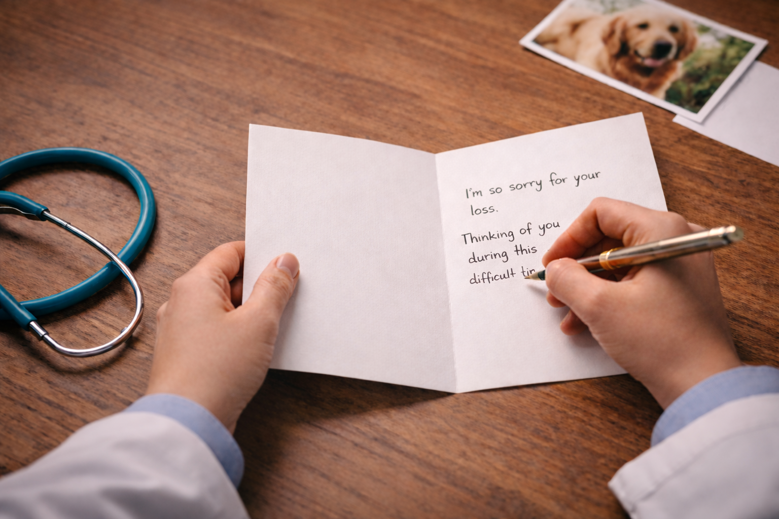 Emotional writing - A veterinarian writing a sympathy card to a pet owner.