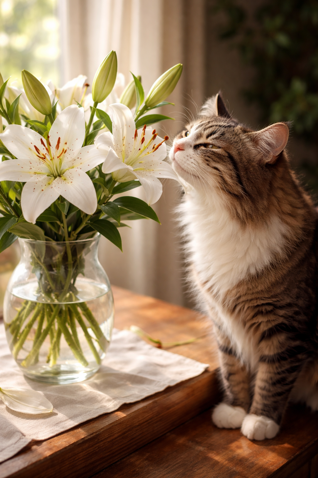Long-haired tabby cat sniffing a vase of lilies