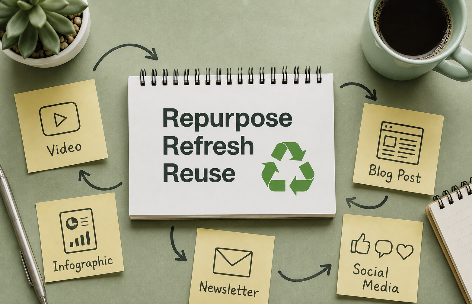 White notebook with the words "Repurpose, Refresh, Reuse" surrounded by post-it notes with "Blog post, Social post, Newsletter, Infographic, and Video" on them